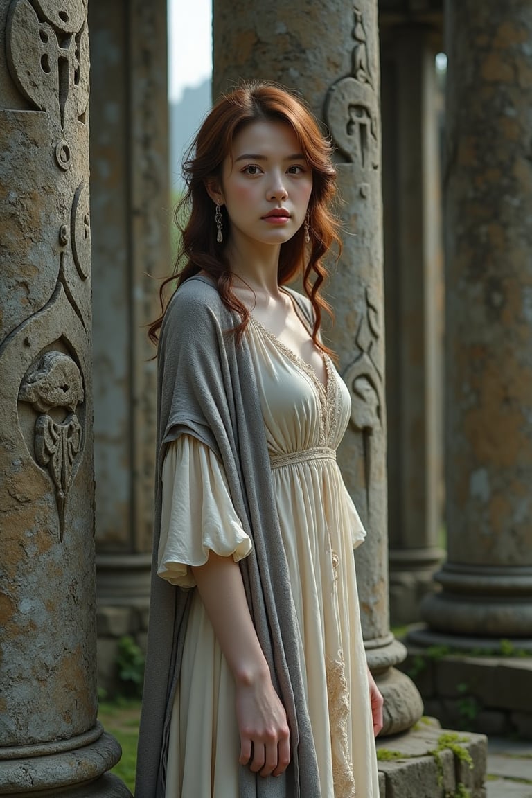 A cinematic photo of a young European woman standing calmly before towering stone pillars inscribed with magical symbols. Her auburn, loosely curled hair falls softly around her shoulders, and her warm hazel eyes hold an air of quiet contemplation. She is dressed in a flowing cream-colored dress with delicate lace details, and a light gray shawl drapes gracefully around her. The moonlight reflects off the ancient stones, casting long shadows in the glade.
