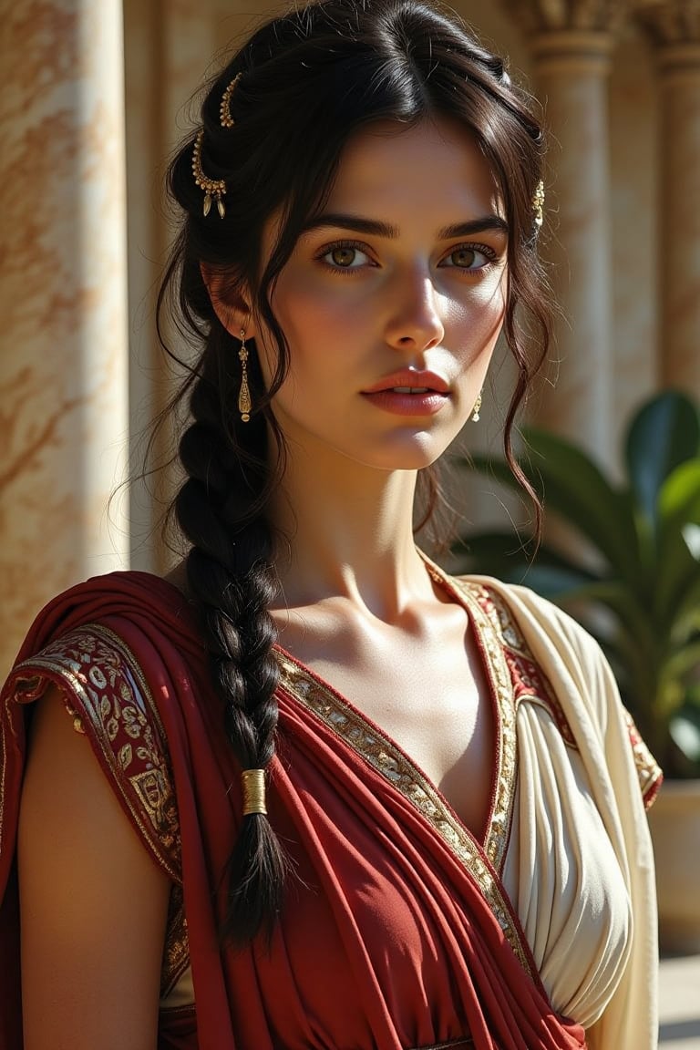 A beautiful Mediterranean woman depicted as an ancient Roman noblewoman,  with perfect facial bone structure,  high cheekb...