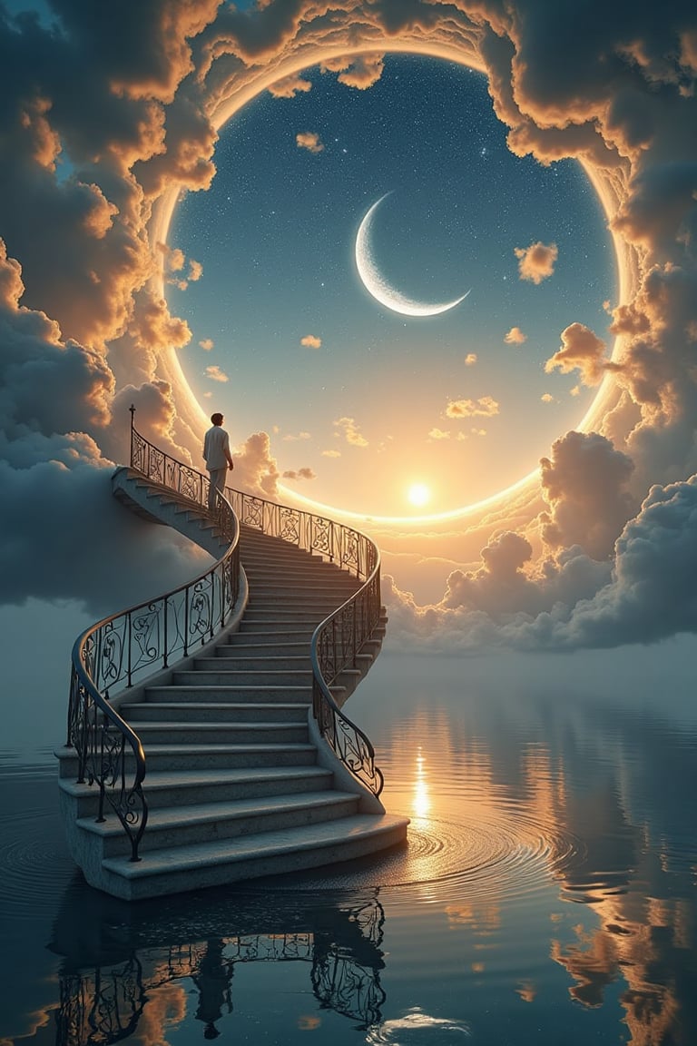 A breathtaking, cinematic photo capturing a mesmerizing and fantastical scene where a winding, ornate staircase floats above a serene, reflective landscape. The staircase, adorned with intricate railings, ascends into a surreal sky that seamlessly transitions from the warm hues of a sunset to the deep blues and luminous stars of the night. A crescent moon, shining brightly, creates a dramatic arc, accompanied by swirling, ethereal clouds that add a sense of motion and wonder. A solitary figure stands partway up the staircase, gazing upwards, adding a sense of scale and introspection to this enchanting, otherworldly realm., photo, cinematic
