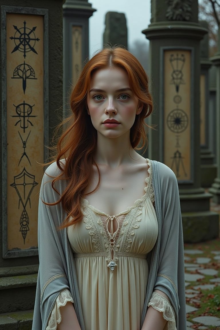 A cinematic photo of a young European woman standing calmly before towering stone pillars inscribed with magical symbols. Her auburn, loosely curled hair falls softly around her shoulders, and her warm hazel eyes hold an air of quiet contemplation. She is dressed in a flowing cream-colored dress with delicate lace details, and a light gray shawl drapes gracefully around her. The moonlight reflects off the ancient stones, casting long shadows in the glade.
