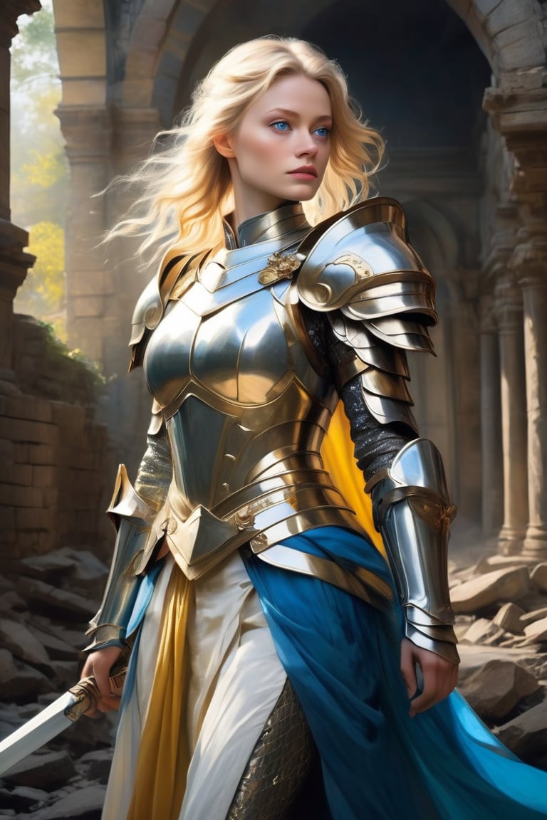 (Fullbody),  Within the crumbling ruins of a once noble kingdom,  a radiant female blonde woman paladin looks like Emilie...