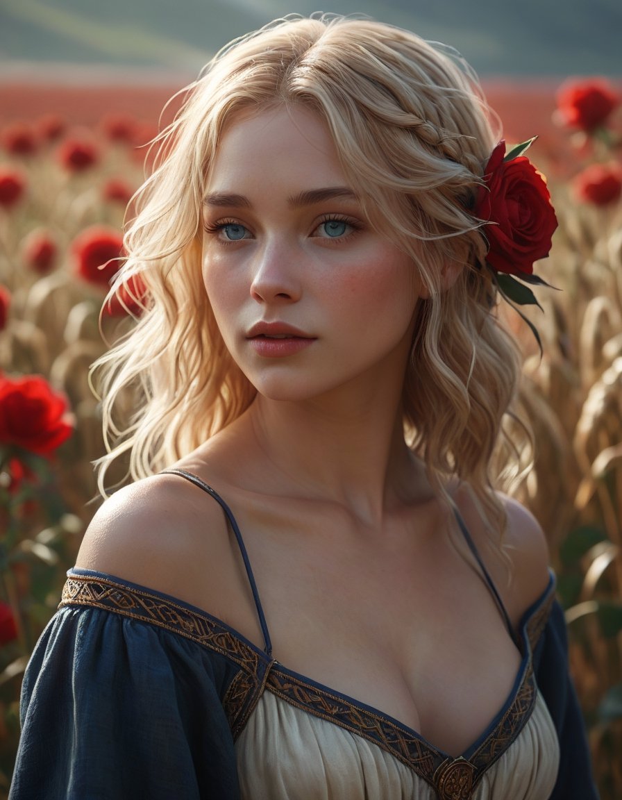 mucha concept art:: women:soft natural volumetric cinematic:: perfect light:white glowing effects:: bright colors,red rose, wheat fields :8k very realistic cinematic lighting:very stylized, blonde hair, blue eyes