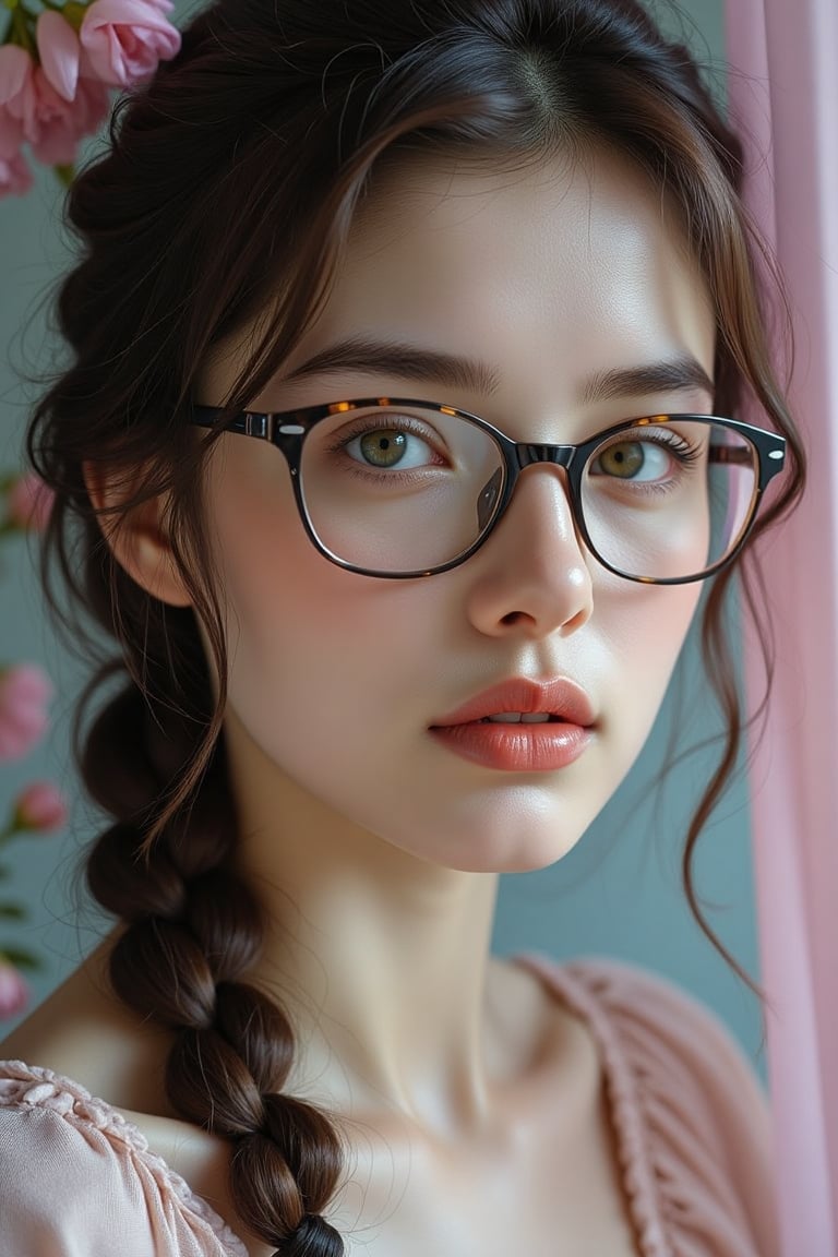 A cinematic photo of a young European woman with olive hair styled in a long braid. She is wearing glasses and has green-gray eyes. The woman is captured in a close-up shot, with her thoughtful expression as she gazes into the distance. The background is filled with gentle hues of pink and blue. The woman's smooth skin and delicate features are bathed in soft, natural light, creating a serene and intimate moment.
