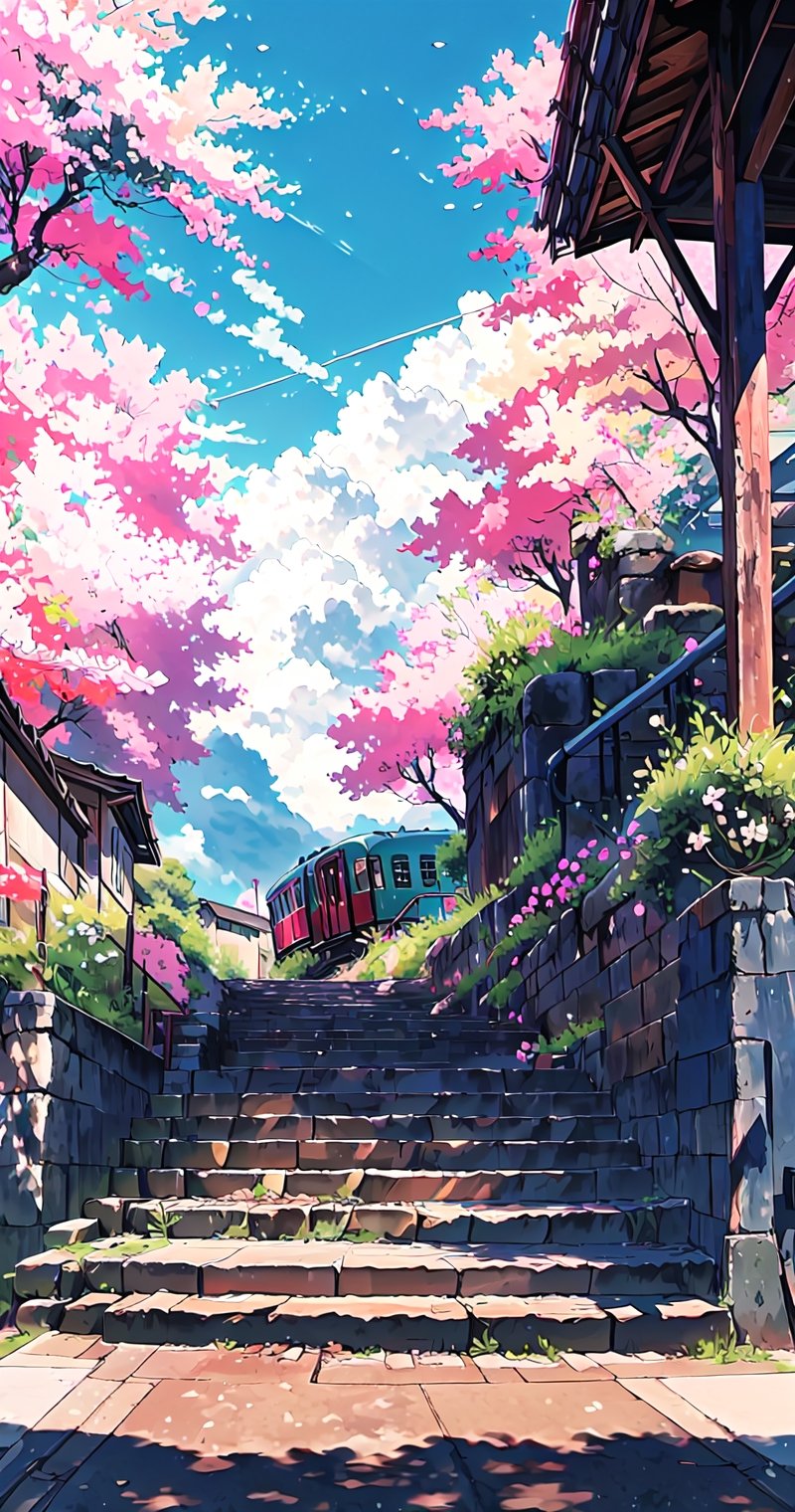 outdoors, sky, cloud, tree, no humans, cherry blossoms, ground vehicle, scenery, smoke, stairs, train, railroad tracks,rayearth