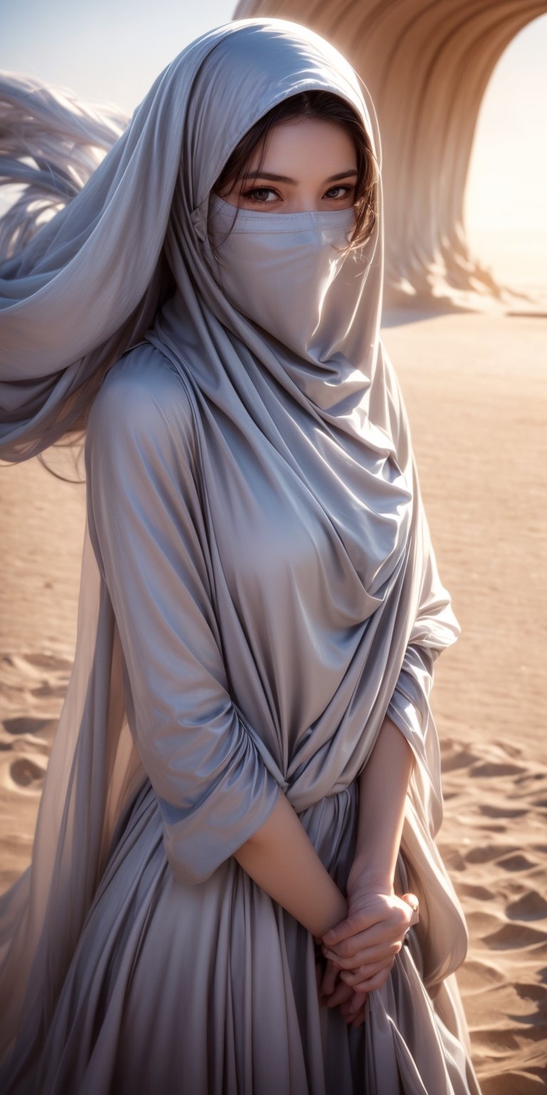 1 girl,  Veiled woman standing gracefully on a windswept dune in a mystical desert setting,  high detail by rwithu on Tens...