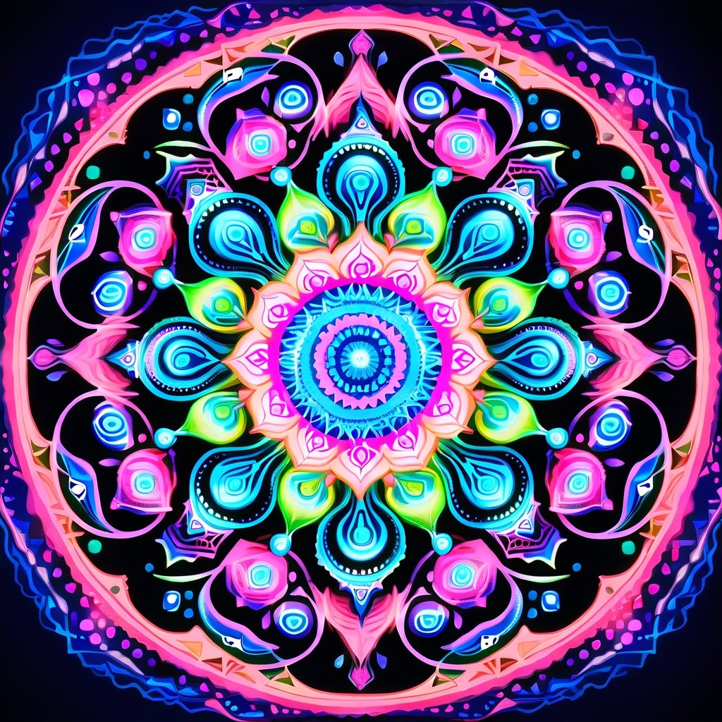 A mandala inspired by bioluminescence, featuring a deep ocean blue center with glowing accents of neon green, electric purple, and coral pink