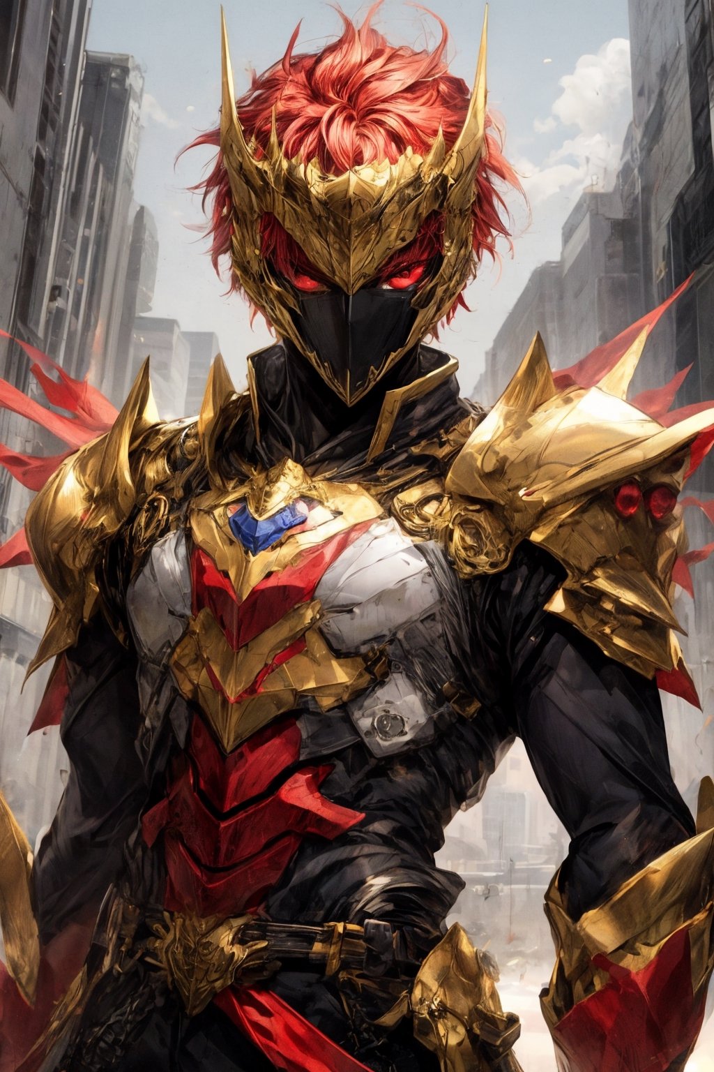 solo male,  golden knight armor,  spiky red hair by rwithu on Tensor.Art