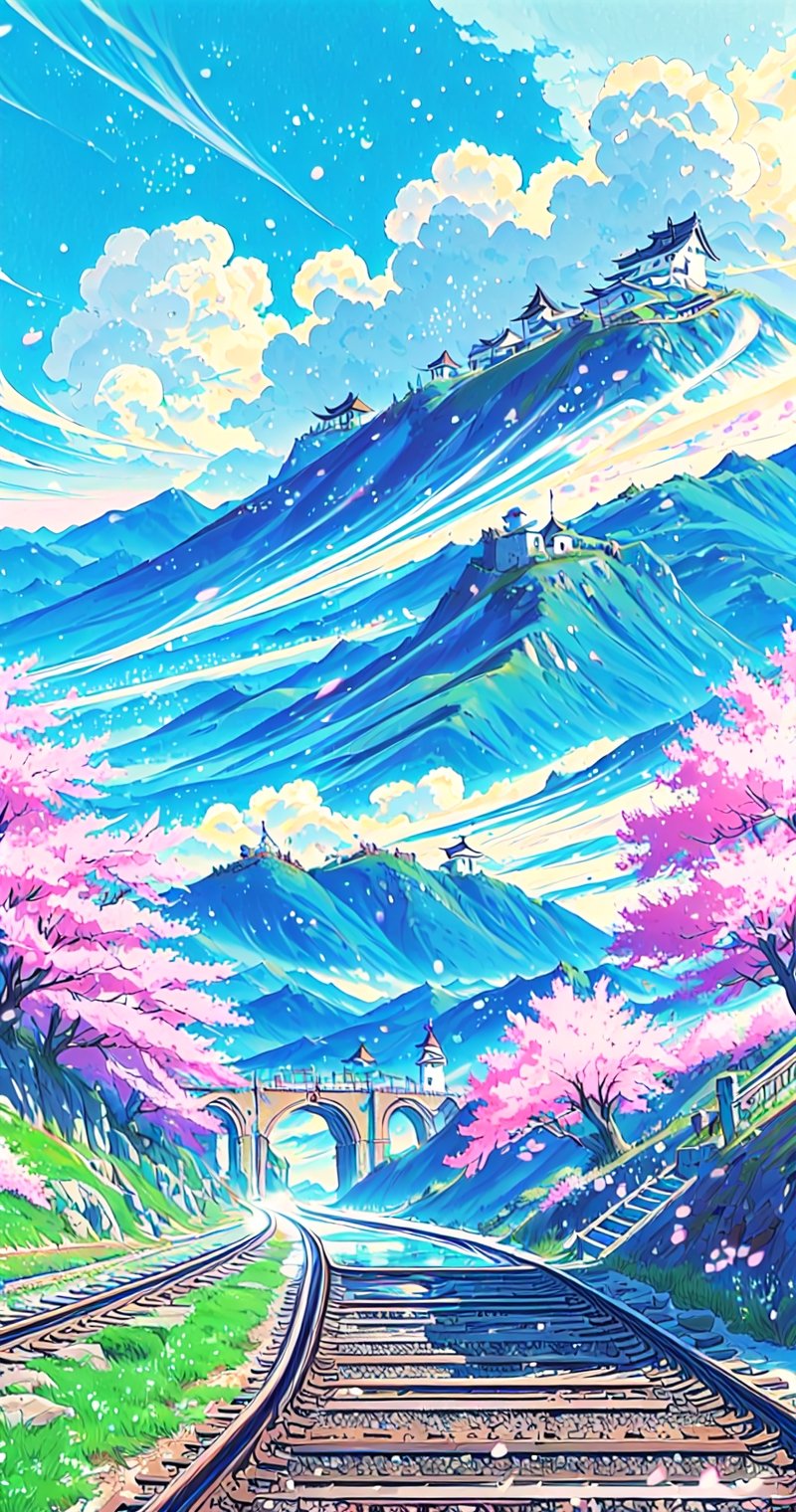 outdoors, sky, cloud, tree, no humans, cherry blossoms, ground vehicle, scenery, smoke, stairs, train, railroad tracks,rayearth,no_humans,pastelbg,yofukashi background,diving_the_water_background,nishikitakouen,Anime 