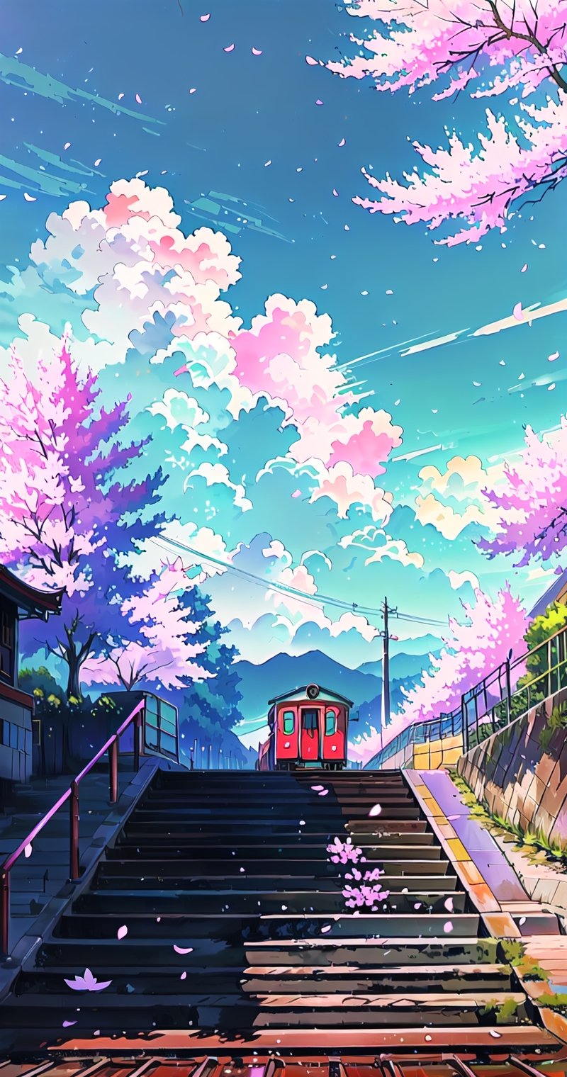 outdoors, sky, cloud, tree, no humans, cherry blossoms, ground vehicle, scenery, smoke, stairs, train, railroad tracks,rayearth,no_humans,pastelbg,yofukashi background,diving_the_water_background,nishikitakouen,Anime ,EpicArt,detailed background