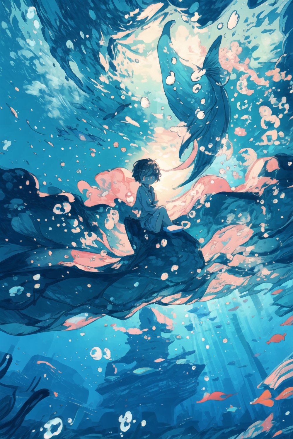  Illustration brings to life the underwater world as a boy elegantly floats in the deep. Influenced by the dreamy realism of Ernst Haeckel, delicate linework captures the intricate details of marine life surrounding the boy. Subdued warm tones enhance the subtlety of the scene, creating a sense of mystery. Soft lighting illuminates the boy's silhouette, conveying a sense of wonder and awe.
a boy, in the sea , surrounded by small fish and big whale, big fishes

300 DPI, HD, 8K, Best Perspective, Best Lighting, Best Composition, Good Posture, High Resolution, High Quality, 4K Render, Highly Denoised, Clear distinction between object and body parts, Masterpiece, Beautiful face, 
Beautiful body, smooth skin, glistening skin, highly detailed background, highly detailed clothes, 
highly detailed face, beautiful eyes, beautiful lips, cute, beautiful scenery, gorgeous, beautiful clothes, best lighting, cinematic , great colors, great lighting, masterpiece, Good body posture, proper posture, correct hands, 
correct fingers, right number of fingers, clear image, face expression should be good, clear face expression, correct face , correct face expression, better hand position, realistic hand position, realistic leg position, no leg deformed, 
perfect posture of legs, beautiful legs, perfectly shaped leg, leg position is perfect, ,diving_the_water_background,midjourney