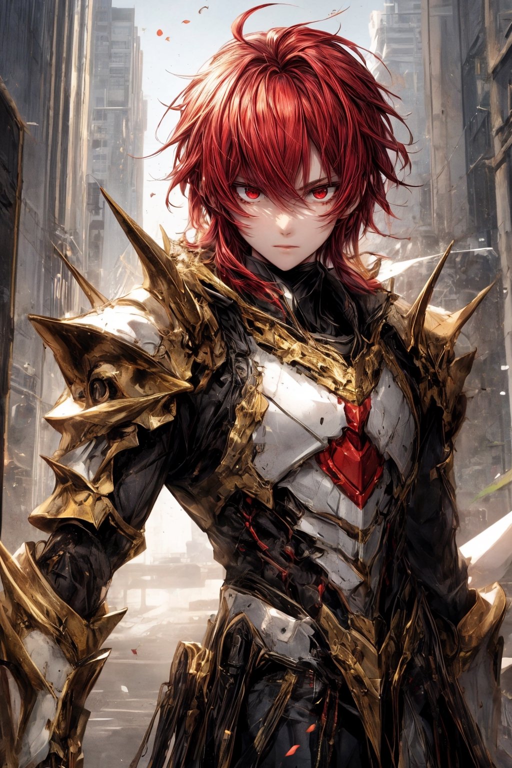 solo male,  full golden knight armor,  spiky light red hair by rwithu on Tensor.Art