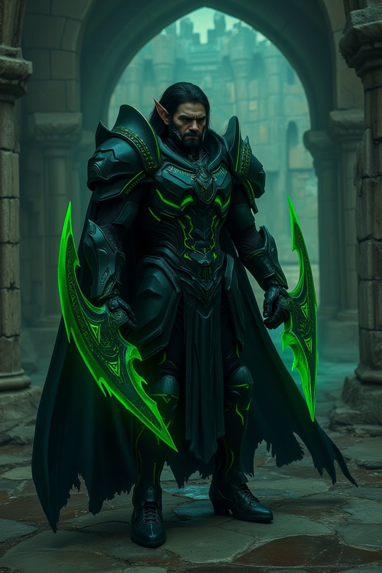  ultra realistic poster style :An elf clad in black titanium mecha armor with massive emperor-like shoulders, glowing green neon accents, stands with fight confidently in a dark, broken castle. His black hair contrasts against the vivid neon light reflecting off the twin war blades gripped with got two blades, left side and right side, grip at the center part, got two blades, left side and right side, grip at the center part, The blades are large and exaggerated, with serrated edges on the inner curves. got a unique art pattern in grip side, with serrated edges on the inner curves. got a unique art pattern in grip sideSoft light filters through shattered windows, casting dramatic shadows across the scene. The metallic gleam of the armor, the cold stone surroundings, and eerie green hue enhance the mood of desolation and dominance., (cyborg, mecha, twin blades),cyborg 