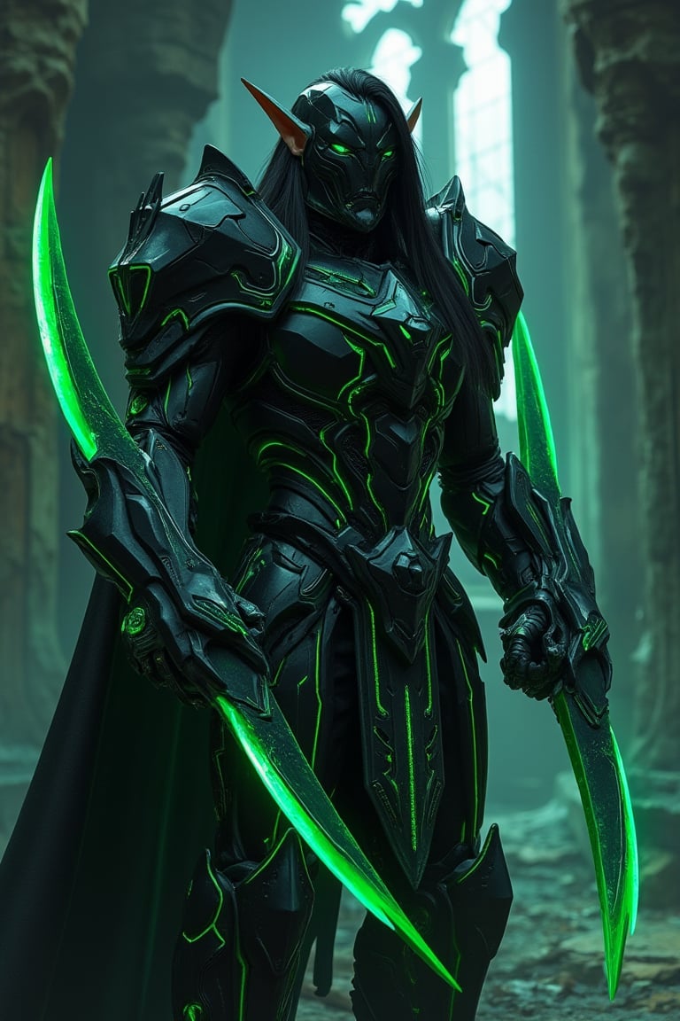  An elf clad in black titanium mecha armor with massive emperor-like shoulders, glowing green neon accents, stands with fight confidently in a dark, broken castle. His black hair contrasts against the vivid neon light reflecting off the twin war blades gripped with got two blades, left side and right side, grip at the center part, got two blades, left side and right side, grip at the center part, The blades are large and exaggerated, with serrated edges on the inner curves. got a unique art pattern in grip side, with serrated edges on the inner curves. got a unique art pattern in grip sideSoft light filters through shattered windows, casting dramatic shadows across the scene. The metallic gleam of the armor, the cold stone surroundings, and eerie green hue enhance the mood of desolation and dominance., (cyborg, mecha, twin blades),cyborg 