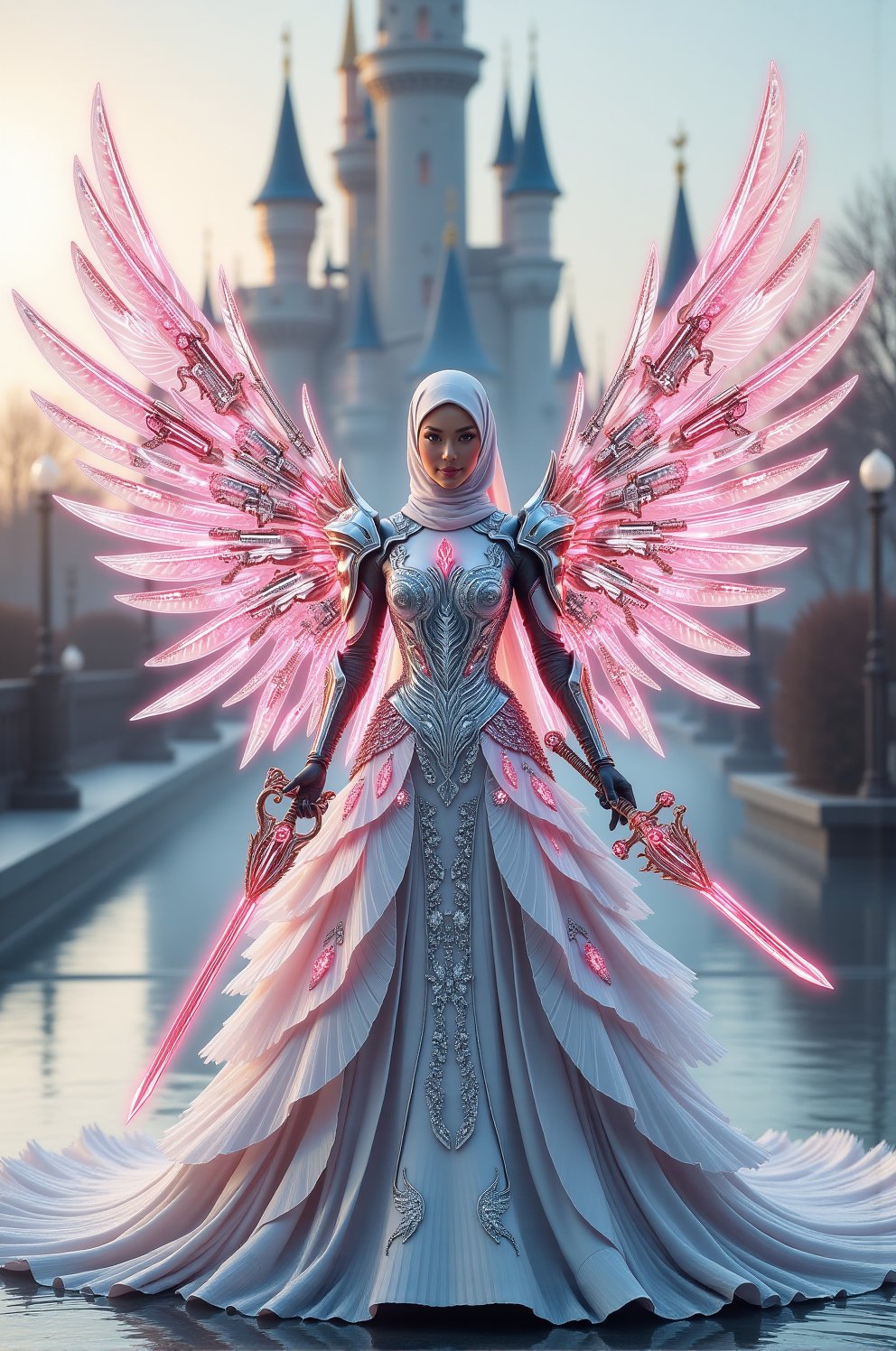 Photorealistic of malay proper full hijab wear stunning fusion gown that combines the elegance of a Barbie princess with t...
