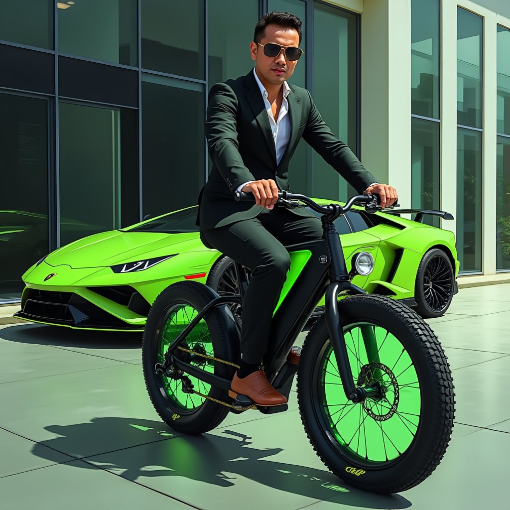 
"Create an illustration featuring a stylish abangmacho84, confidently riding a sleek green led Lamborghini e-bike that boasts an aerodynamic design, embodying luxury and elegance. He is dressed in a tailored sport attire, power by lamborgini brand, that enhances his sophisticated appearance. In the background, prominently display the latest Lamborghini car model, same colour as his bike, showcasing its striking lines and cutting-edge design. The setting should reflect a high-end urban environment, possibly featuring modern architecture or a luxury car showroom, to enhance the opulent feel of the scene. Capture the essence of luxury living through details such as the man’s confident posture on the bike, the gleaming finish of both the e-bike and the car, and the overall aesthetic of the illustration, emphasizing a lifestyle of refinement and sophistication."
