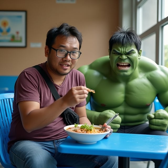 
"Compose a hyper-realistic photograph featuring a real human malay guy, approximately 40 years old, with rectangular glasses, casually wearing a sling bag. He is sitting on a briighr blue plastic chair, enjoying a bowl of beef noodle soup placed on a blue square plastic table. Beside him, include a Pixar-style Hulk character, animated and expressive, also sitting on a similar chair and happily eating the same dish. Capture the vibrant colors and textures of the scene, ensuring the human character's expressions and details are realistic, while the Hulk retains his playful Pixar charm. The background should be simple yet engaging, perhaps a casual dining setting that emphasizes the friendly atmosphere of sharing a meal. Focus on sharp details and lighting that enhance the overall composition, creating a delightful juxtaposition between the real and animated characters." 