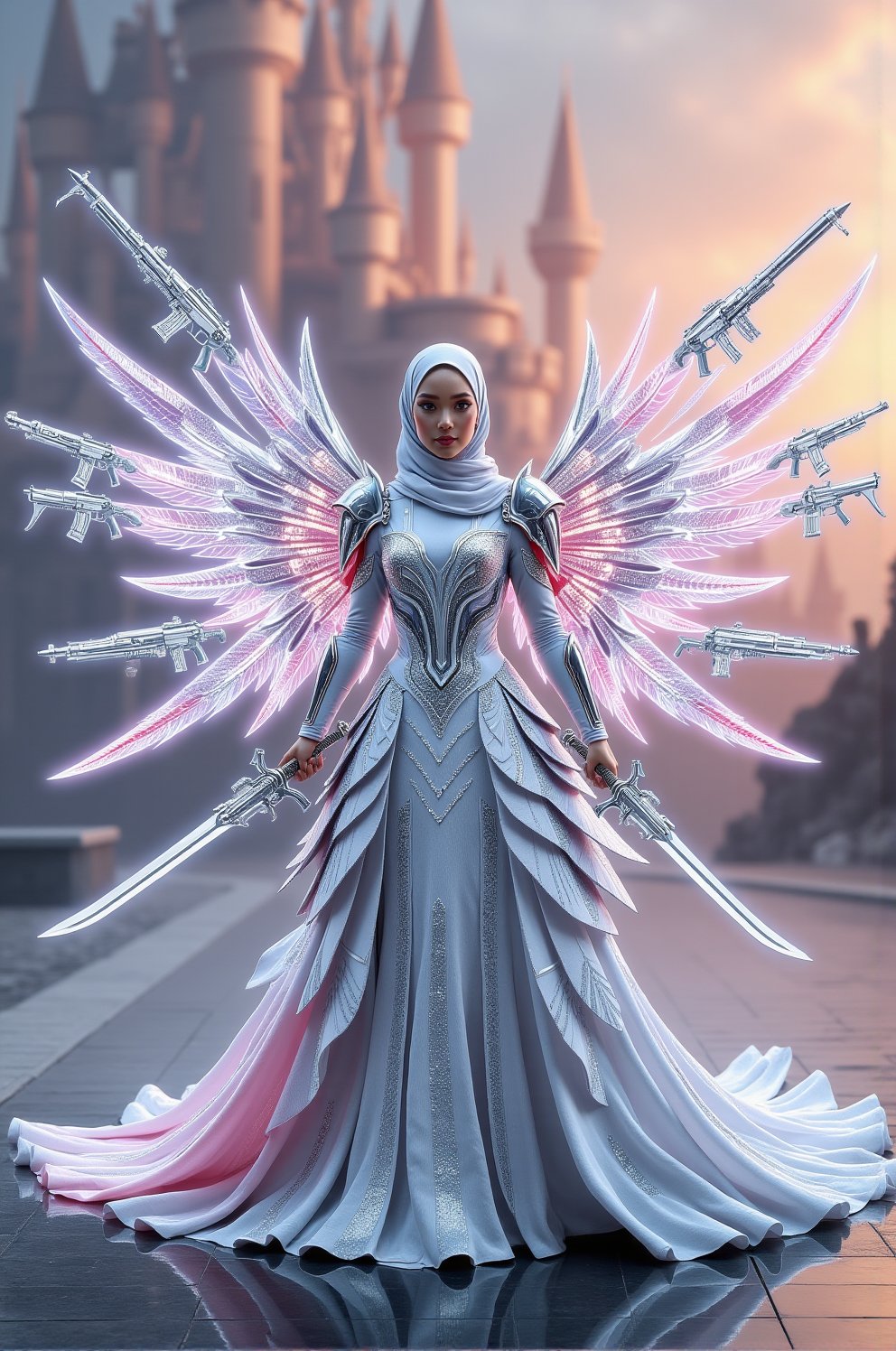 Photorealistic of malay proper hijab wear stunning fusion gown that combines the elegance of a Barbie princess with the fi...