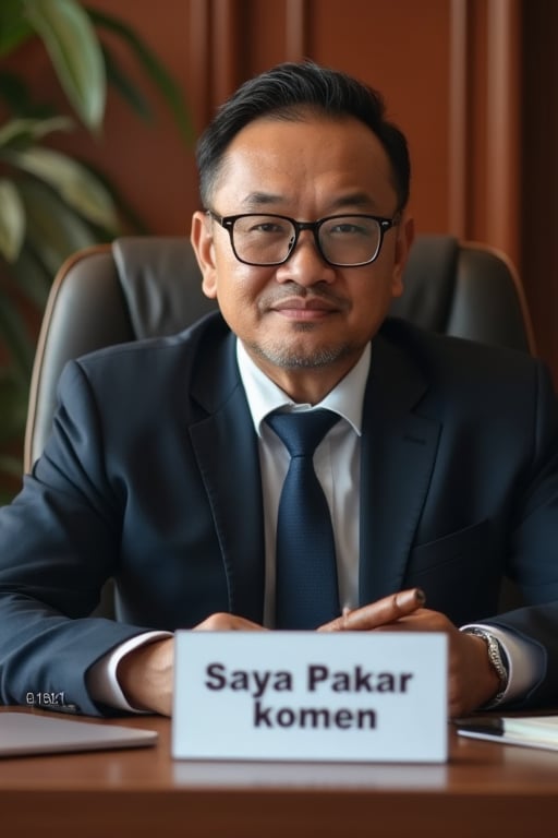 Hyper realistic photograph of malay guy age 40,rectangular glasses,-abangkudat macho84, soft smile,smoke cigar, sit in executive chair, with signboard text" Saya Pakar komen" on the executive desk