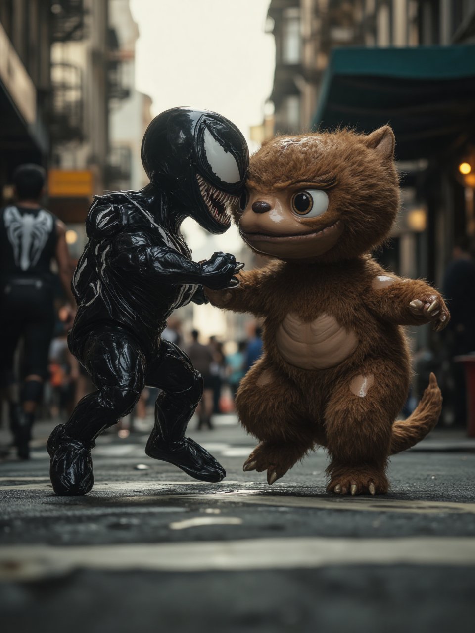 hyper realistic scene VENOM_REALISTIC-VENOM V1 versus brown little labubu,labubuFYP in a street fight