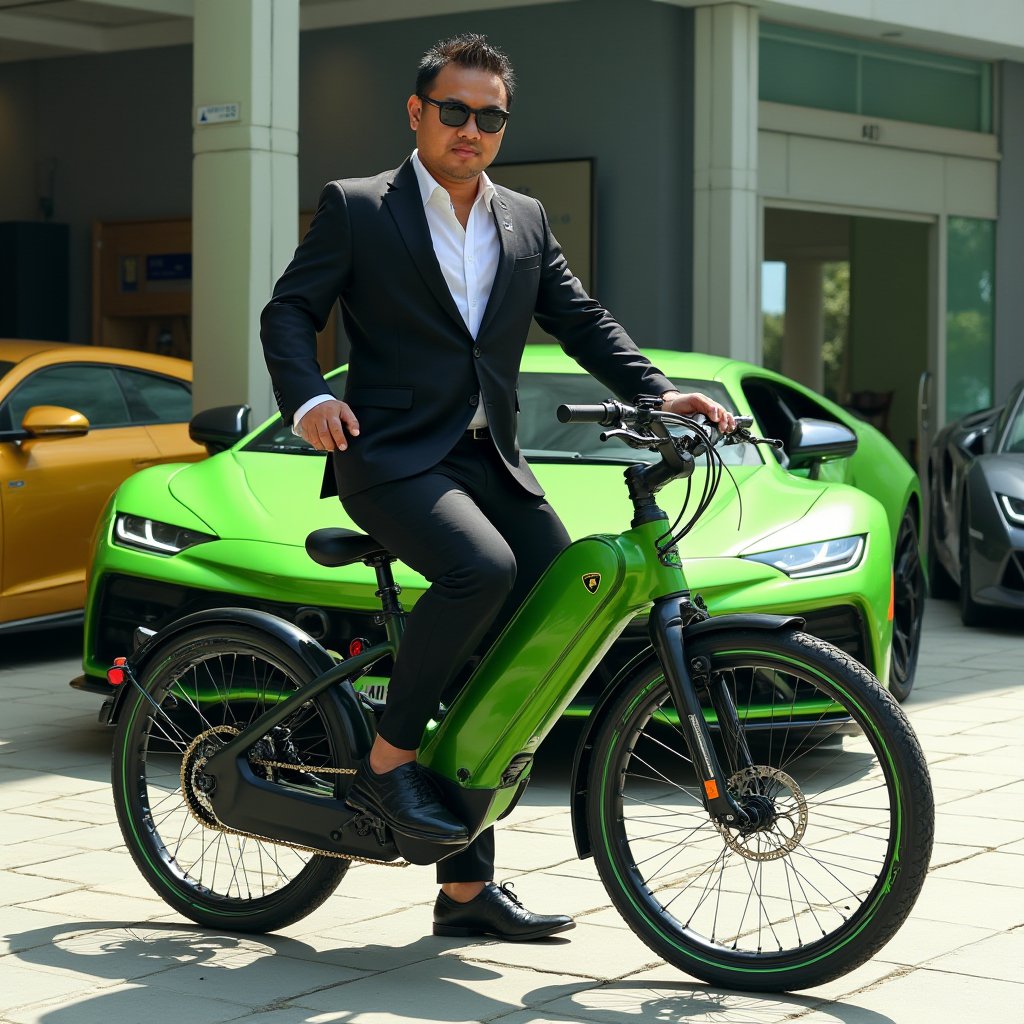 
"Create an illustration featuring a stylish plumpy malay guy age 40, abangkudat macho84, confidently riding a sleek green led Lamborghini e-bike that boasts an aerodynamic design, embodying luxury and elegance. He is dressed in a tailored sport attire, power by lamborgini brand, that enhances his sophisticated appearance. In the background, prominently display the latest Lamborghini car model, same colour as his bike, showcasing its striking lines and cutting-edge design. The setting should reflect a high-end urban environment, possibly featuring modern architecture or a luxury car showroom, to enhance the opulent feel of the scene. Capture the essence of luxury living through details such as the man’s confident posture on the bike, the gleaming finish of both the e-bike and the car, and the overall aesthetic of the illustration, emphasizing a lifestyle of refinement and sophistication."
