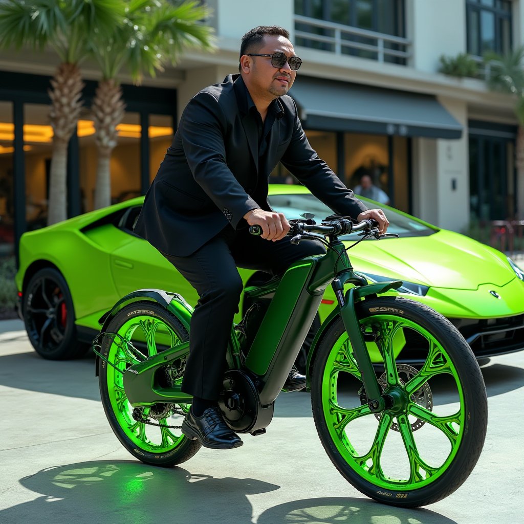 
"Create an illustration featuring a stylish plumpy malay guy age 40, abangkudat macho84, confidently riding a sleek green led Lamborghini e-bike that boasts an aerodynamic design, embodying luxury and elegance. He is dressed in a tailored sport attire, power by lamborgini brand, that enhances his sophisticated appearance. In the background, prominently display the latest Lamborghini car model, same colour as his bike, showcasing its striking lines and cutting-edge design. The setting should reflect a high-end urban environment, possibly featuring modern architecture or a luxury car showroom, to enhance the opulent feel of the scene. Capture the essence of luxury living through details such as the man’s confident posture on the bike, the gleaming finish of both the e-bike and the car, and the overall aesthetic of the illustration, emphasizing a lifestyle of refinement and sophistication."
