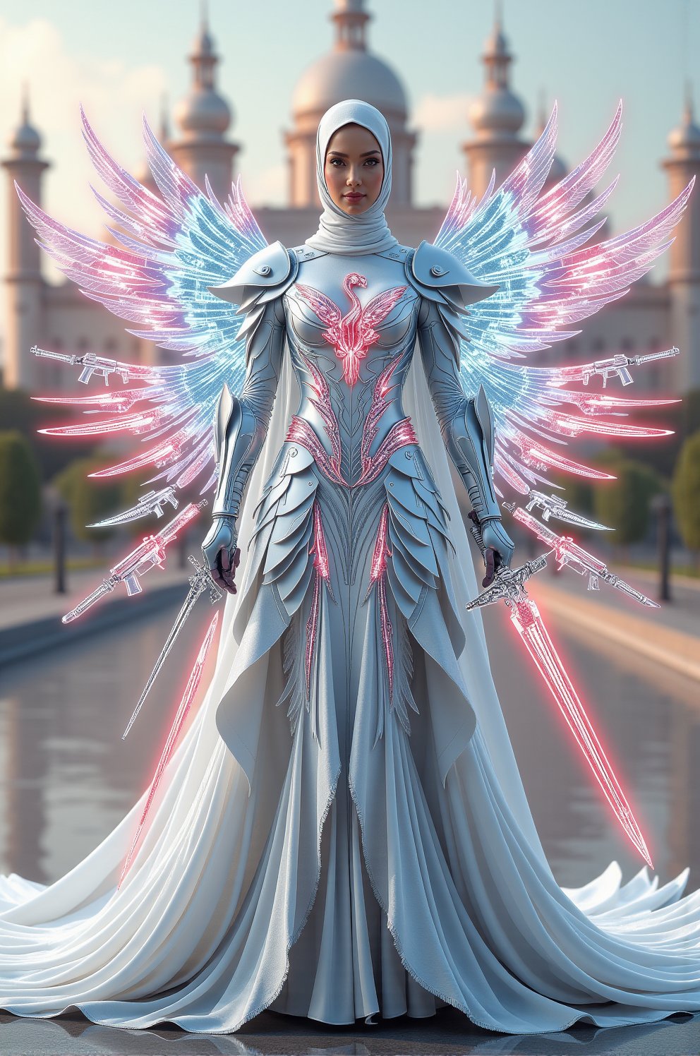 Photorealistic of malay proper hijab wear stunning fusion gown that combines the elegance of a Barbie princess with the fi...