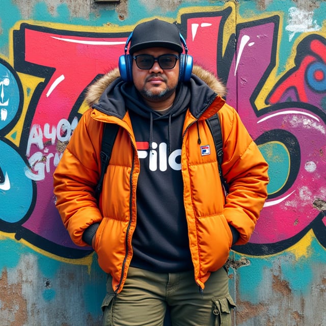 
"Create an illustration featuring a tough Malay guy in his 40s,rectangular glasses, (abangkudat abangmacho84), embodying a fashion-forward aesthetic. He is wearing a stylish snow cap and fancy headphones, paired with a thick winter jacket, sgriking colour that showcases a ''Fila'' design. His cargo pants add a relaxed yet trendy vibe to his outfit. The character should be leaning casually against a wall adorned with vibrant graffiti, capturing the essence of urban culture. Position him in a hip-hop pose that conveys confidence and style, with a playful expression that reflects his fashionista persona. The color palette should be bright and engaging, emphasizing the vibrant elements of his outfit and the dynamic background, creating an overall energetic and fashionable atmosphere."
