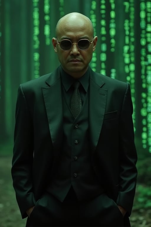 Morpheus, elegent suit, standing elegently with his unframe round glasses,guns, matrix style. matrix code backgroud