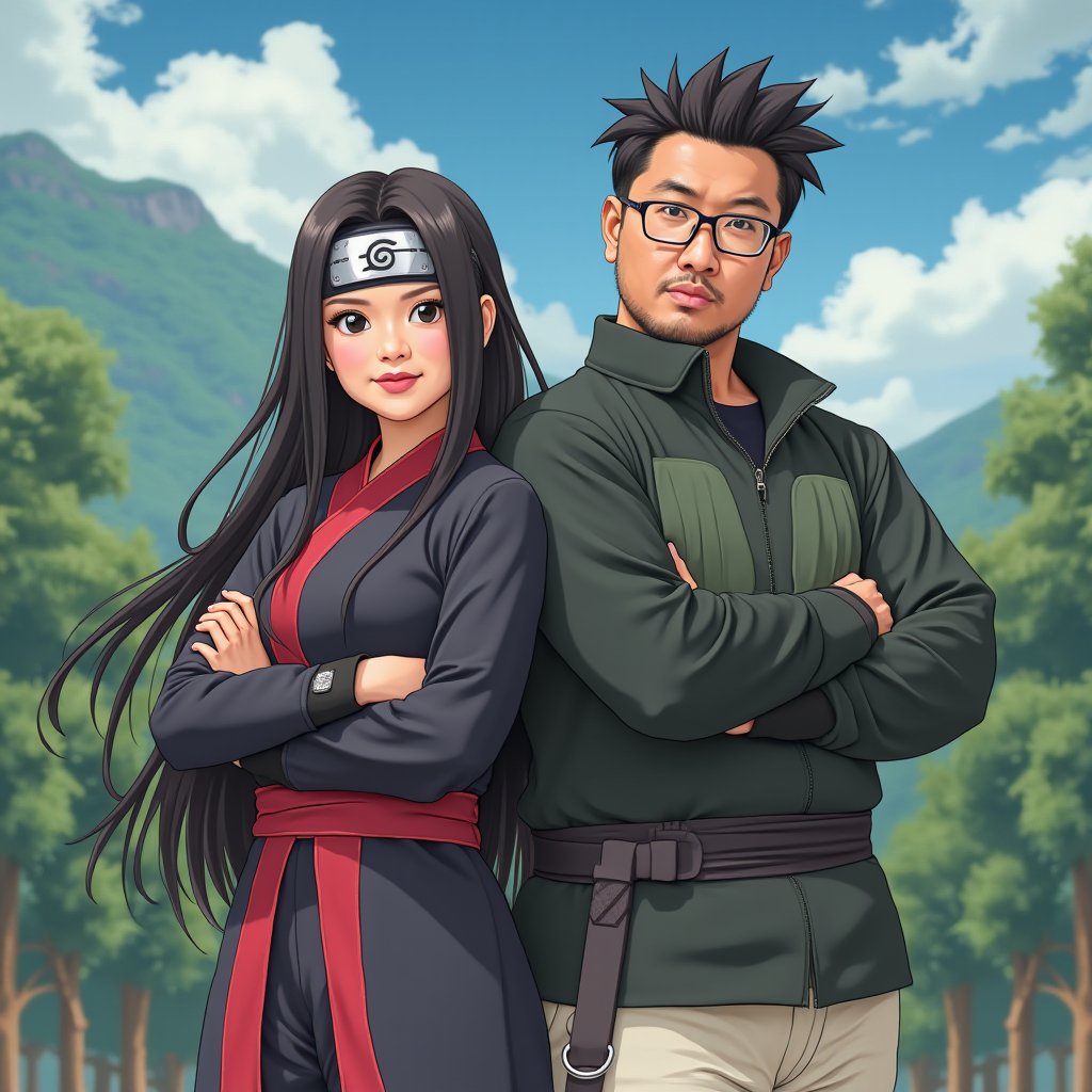 "Create a hyper-realistic photograph featuring a 40-year-old plump tough Malay man, rectangular glasses, standing confidently alongside Hinata Hyuga from the anime 'Naruto.' (anime style} Both characters should be wearing traditional Konoha shinobi attire, showcasing their unique features and styles. The Malay man should embody his distinct characteristics, such as his facial features and hairstyle, while also reflecting Hinata's gentle demeanor and attire. Position them side by side in a dynamic pose that conveys strength and camaraderie, perhaps with their arms crossed or in a ready stance. The background should depict a serene ninja landscape, incorporating elements of the Hidden Leaf Village, such as trees or training grounds. Focus on blending hyper-realistic details with animated elements to create a captivating composition that celebrates both the cultural and fictional aspects. Use vibrant colors and sharp details to enhance the overall impact of the scene."