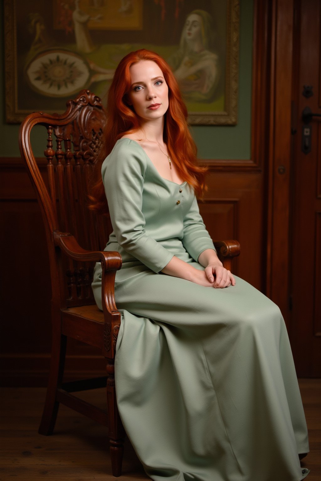 Photo, realistic, 1girl, solo, redhead. Portrait of a girl (ssimonsv2) with long hair wearing a  vintage looking dress. She is sitting on a elegant wodden chair in a vintage looking scenery. oil paninting style, 18th century portrait 