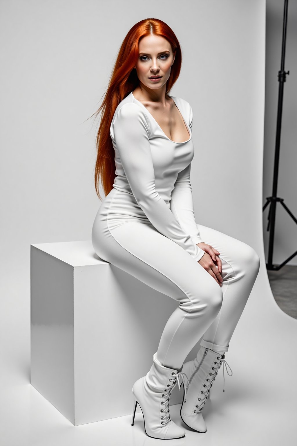 A Professional studio potography, captures a redhead girl with long straight and silky hair, sitting on a seamless cube, in front of a white backdrop. Her athletic physique is on full display, as she wears a white long sleeves jumpsuit and white high lace up boots, dramatic lighting, ray tracing 