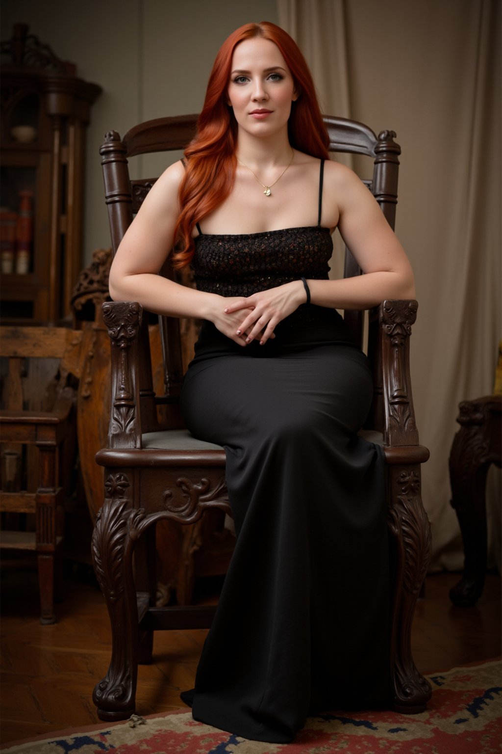 Photo, realistic, 1girl, solo, redhead. Portrait of a princess (ssimonsv2) with long hair wearing a ornamented black tube dress. She is sitting on a elegant wodden chair in a vintage looking scenery. oil paninting style, 18th century portrait, fantasy 