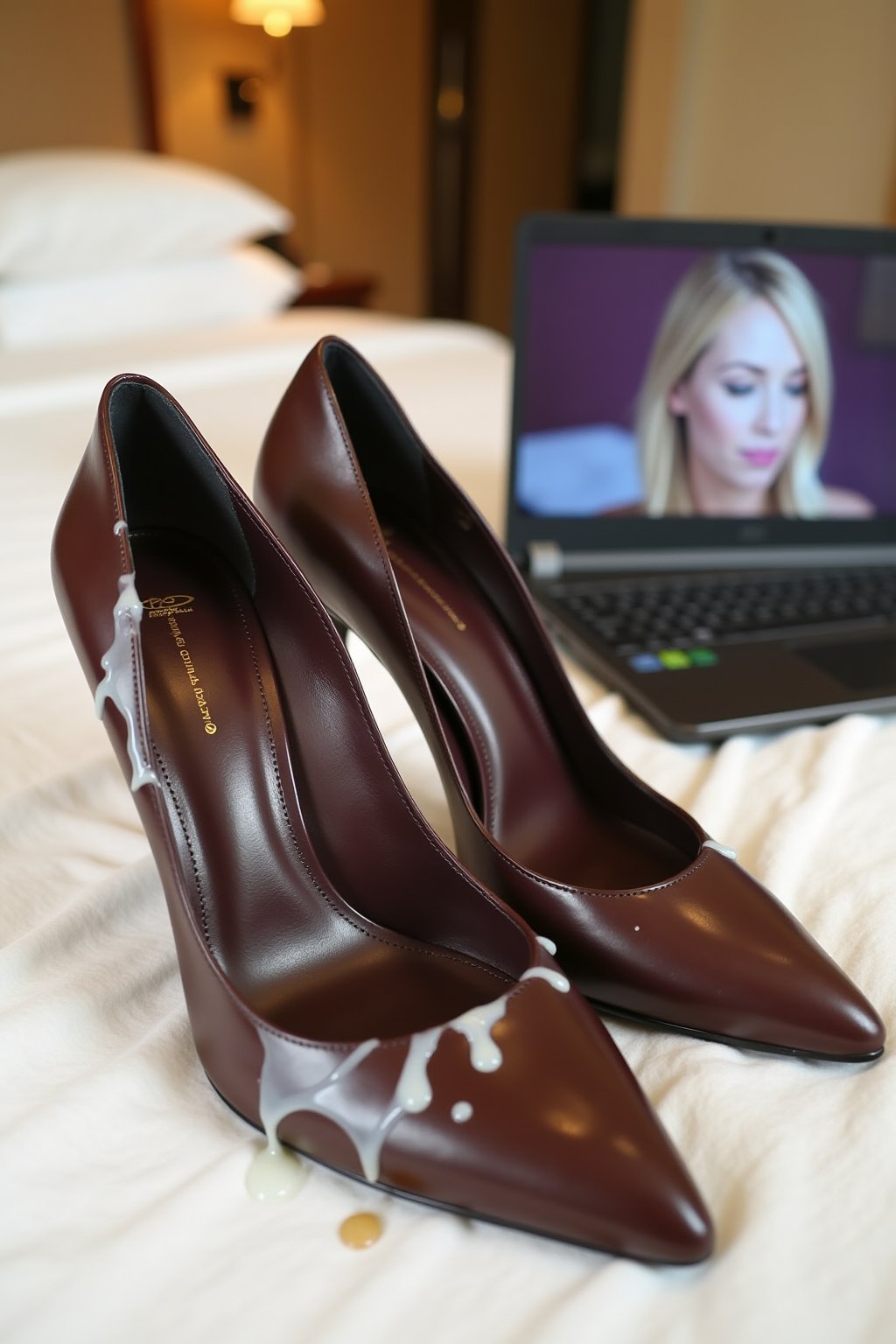 Photography of a pair of high heels displayed over a bed, in a hotel bedroom. Right next to it is a photography of a blonde lady displayed on a laptop screen. These shoes has a white thick liquid spots dripping of it. 