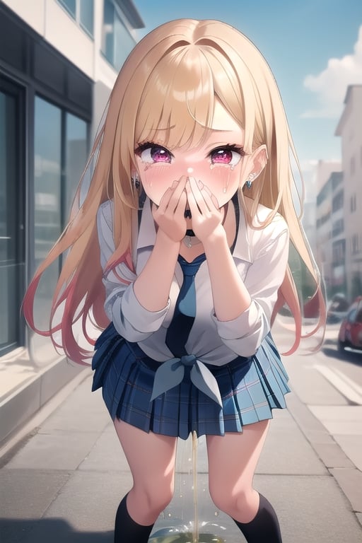 masterpiece, best quality, ultra detailed, high-resolution, 8k, detailed beautiful face and eyes,
outdoor, standing, legs, 
surprised face,excited,flushed cheeks, crying, 

kitagawa marin, 1girl, blonde hair, long hair, multicolored hair, red eyes, jewelry, earrings, piercing, school uniform, white shirt, tied shirt, black choker, blue necktie, plaid skirt

,peeing woman,covering mouth with hands