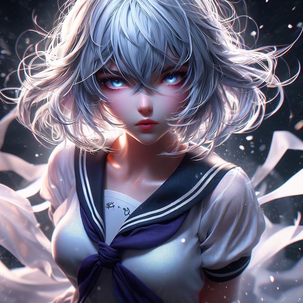 (1girl) Portrait, full body shot, best quality, ultra high resolution, ultra detailed, transparent air , stunning fluid air, detailed, light particles, vivid colors, high contrast tones, extremely detailed lighting, cinematic lighting, soft lighting, (Masterpiece, High Quality: 1.4), (Ken Kaneki, gray hair, white hair , blue eyes, white clothes, ), black bottom, thrilling, (fierce face), Kaneki