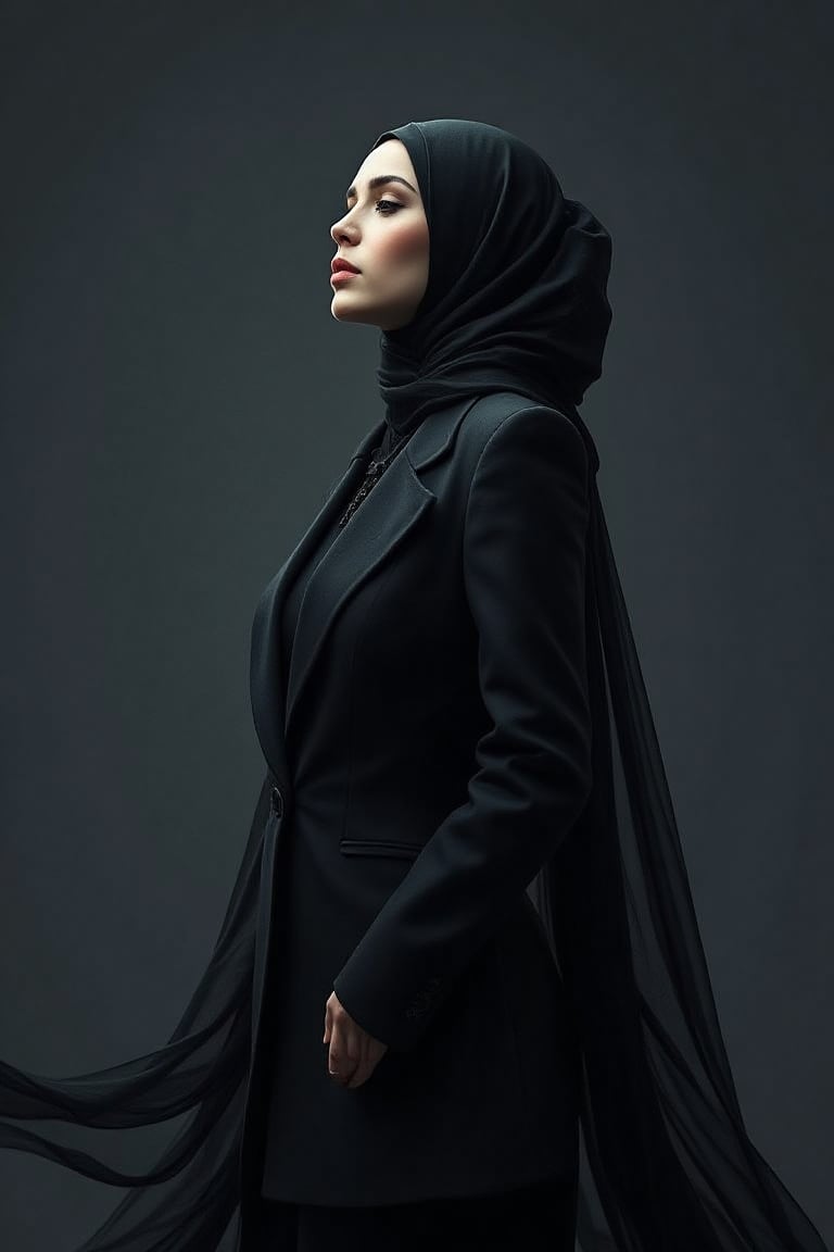 a beautiful woman with long hijab and a captivating aura. She is wearing a stunning suit. The woman is wearing a dark gray background. The piece exudes a sense of mystery and enchantment, blending surrealism and fantasy elements to create a mesmerizing visual experience,3DFantasyQAQ