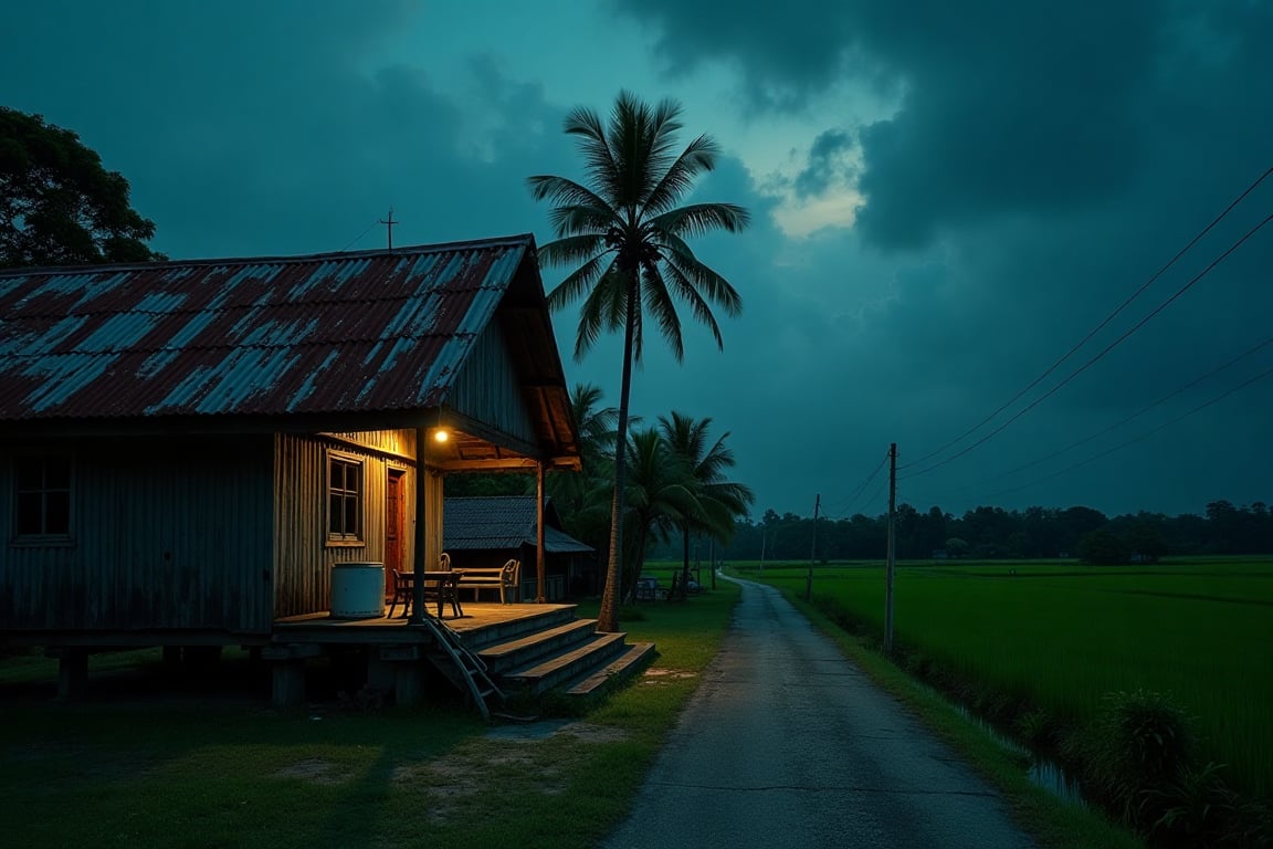 cinematic, film, grain, nightscape, award winning documentary photography of a malay village house, rusty rooftop, worn wooden plank, a coconut tree, a banana tree, paddy field, small pathway, small boat, small hut, a small ditch, a few bush, a rusty old model bicycle, nostalgia, dramatic, memorable scene in view, use Hasselblad photography, UHD, Ultra realistic, 32K, DOP, use technique rule of thirds, golden ratio, super resolution, ultra super definition, ultra detail.