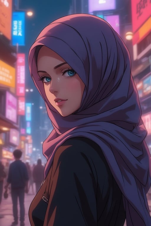 A close-up shot of a stunning anime-inspired girl, adorned with a flowing long hijab, set against the vibrant backdrop of a bustling city. Her bright eyes sparkle under the soft glow of neon lights as she confidently walks down the street, her hijab blowing gently in the urban breeze, Anime90'sStyle