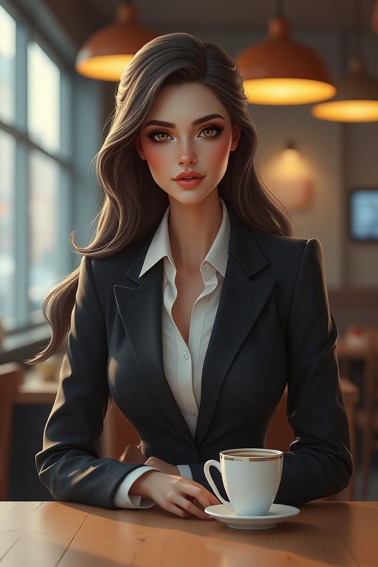 3D fantasy illustration, a most beautiful and elegance woman, modern suit, at cafe table, 3DFantasyQAQ