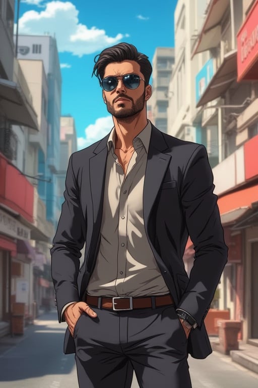 A stylish Malay gentleman stands confidently on a bustling urban street, his rugged features accentuated by a pair of trendy round-shaped sunglasses that add to his suave aura. The cityscape's vibrant energy is reflected in his pose, with one hand resting casually on the hip and the other holding a cupped palm to shield his eyes from the bright sunlight, Anime90'sStyle