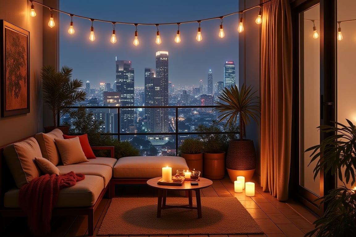 Cozy Kuala Lumpur City apartment balcony with string lights, couch and coffee table, city skyline in the background at night, romantic vibes, warm tones, plants, candles, beautiful architecture
