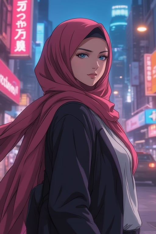 A close-up shot of a stunning anime-inspired girl, adorned with a flowing long hijab, set against the vibrant backdrop of a bustling city. Her bright eyes sparkle under the soft glow of neon lights as she confidently walks down the street, her hijab blowing gently in the urban breeze, Anime90'sStyle