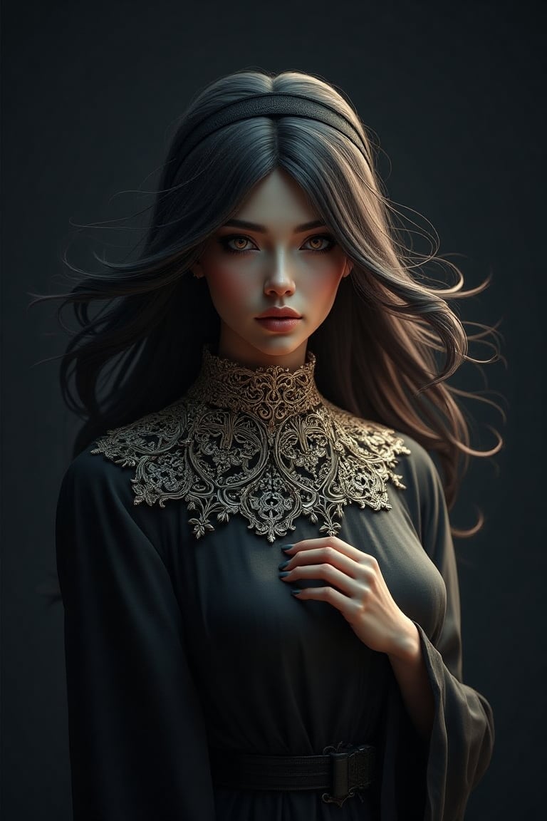 a creative 3D fantasy illustration in the style of magical light and shadow, showcasing a beautiful woman with flowing hair and a captivating aura. She is wearing a stunning 3D bell collar, intricately designed with a delicate filigree pattern that elegantly frames her neck. The collar is held in her hand as she gazes directly at the viewer, inviting them to engage with her. The woman is wearing a dark gray background, with a soft black headband that accentuates her graceful silhouette. The piece exudes a sense of mystery and enchantment, blending surrealism and fantasy elements to create a mesmerizing visual experience,3DFantasyQAQ