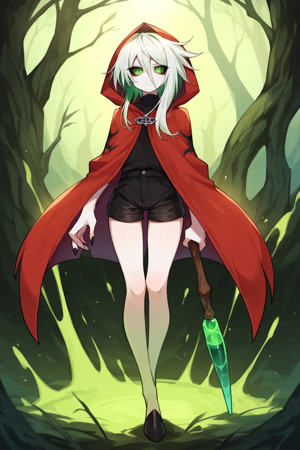 score_9, score_8_up, score_7_up, score_6_up, score_5_up, score_4_up, Loli, skinny, slim build, Yaga, white hair, long hair, disheveled hair, dirty hair, colored skin, dark gray skin, green eyes, scarlet hair tips, acid green sclera, acid green eyes, eyes, eyes shining with green magic, eyes shining with acid green light, no pupils, no iris, empty eyes, no mouth, no lips, faceless face, scarlet cloak, simple cloak, ragged at the edges of the cloak, hood thrown over, straight posture, sharp fingers, black nails, small claws, bulging hips, sexy hips, flaunting hips, wooden staff, simple staff, the staff is clenched in the right hand, the staff rests with the heel on the ground, a full-length panorama of the body, playing position, simple black shorts, fabric shorts, contrast,

,