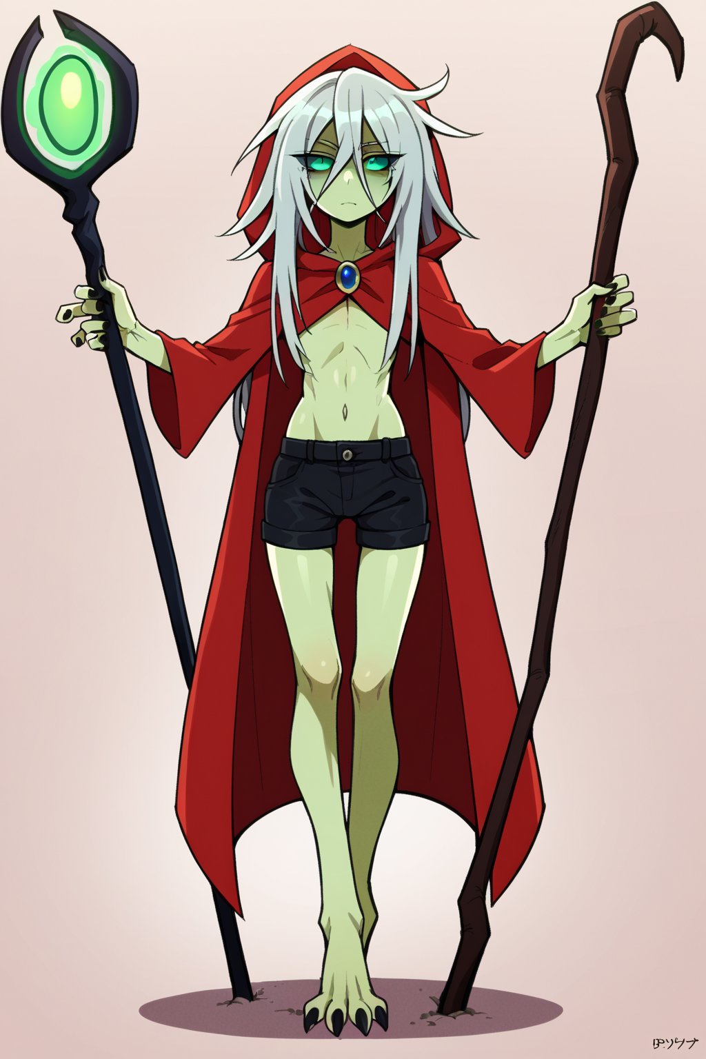 score_9, score_8_up, score_7_up, score_6_up, score_5_up, score_4_up, Loli, skinny, slim build, Yaga, white hair, long hair, disheveled hair, dirty hair, colored skin, dark gray skin, green eyes, scarlet hair tips, acid green sclera, acid green eyes, eyes, eyes shining with green magic, eyes shining with acid green light, no pupils, no iris, empty eyes, no mouth, no lips, faceless face, scarlet cloak, simple cloak, ragged at the edges of the cloak, hood thrown over, straight posture, sharp fingers, black nails, small claws, bulging hips, sexy hips, flaunting hips, wooden staff, simple staff, the staff is clenched in the right hand, the staff rests with the heel on the ground, a full-length panorama of the body, playing position, simple black shorts, fabric shorts, contrast,

,