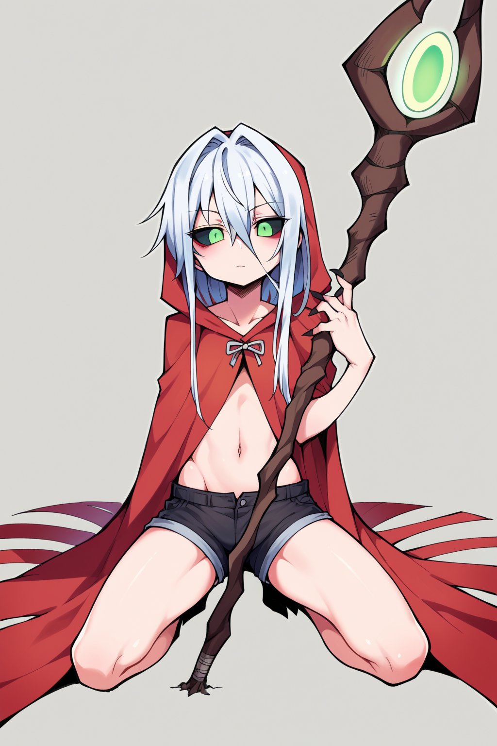 score_9, score_8_up, score_7_up, score_6_up, score_5_up, score_4_up, Loli, skinny, slim build, Yaga, white hair, long hair, disheveled hair, dirty hair, colored skin, dark gray skin, green eyes, scarlet hair tips, acid green sclera, acid green eyes, eyes, eyes shining with green magic, eyes shining with acid green light, no pupils, no iris, empty eyes, no mouth, no lips, faceless face, scarlet cloak, simple cloak, ragged at the edges of the cloak, hood thrown over, straight posture, sharp fingers, black nails, small claws, bulging hips, sexy hips, flaunting hips, wooden staff, simple staff, the staff is clenched in the right hand, the staff rests with the heel on the ground, a full-length panorama of the body, playing position, simple black shorts, fabric shorts, contrast,

,