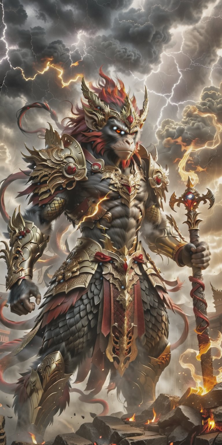 Create an ultra realistic image of god of monkey with fiery red hair, he ware a golden headband with two golden Antenna , adorned in detailed armor featuring a dragon motif. The armor is ornate, with intricate engravings and embellishments that showcase craftsmanship and power. The warrior's eyes glow an intense red, adding a fierce and supernatural quality to their appearance. The warrior stands against a dramatic sky background, filled with swirling dark clouds and flashes of lightning, suggesting an impending epic battle. Mist swirls around their feet and rises in tendrils, adding an element of mystery and tension to the scene. HE hold a magical staff prominently displayed and held with a firm grip, appears to be imbued with fire. Flames lick along the blade, Capture the warrior's strength, readiness for combat, and the intense, almost otherworldly atmosphere created by the mist and the dramatic sky. The overall composition should evoke a sense of power, determination, and the imminent clash of forces. 
epic and mistic composition