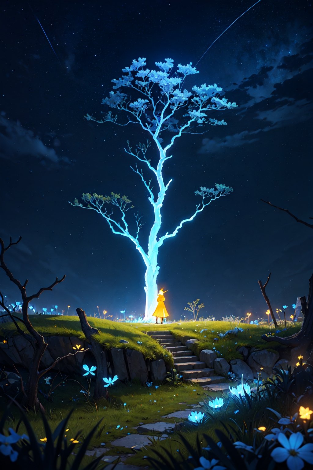 (masterpiece),  best quality,  high resolution,  highly detailed,  detailed background,  cinematic light,  1 girl,  (Athena),  night,  dark sky,  luminous tree,  giant tree,  white bark with blue luminous veins,  white leaves,  stars,  blue tones,  wallpapers,  high quality,  glow,  magic,,,High detailed ,Color magic Athena