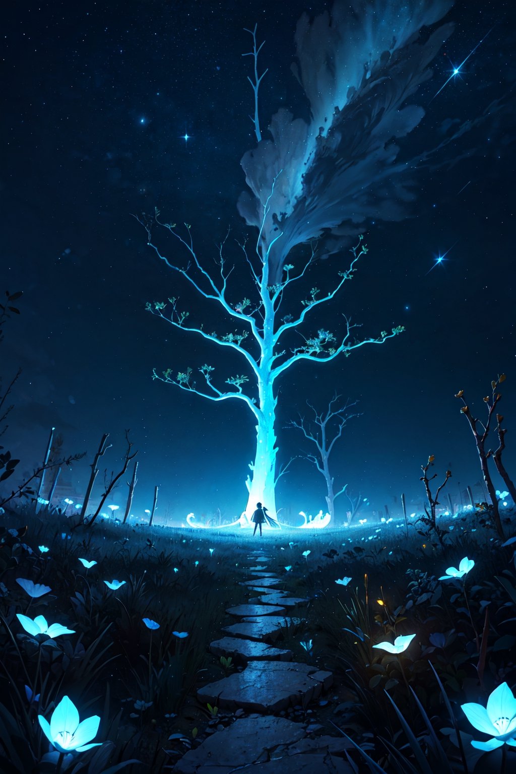 (masterpiece),  best quality,  high resolution,  highly detailed,  detailed background,  cinematic light,  1 girl,  (Athena),  night,  dark sky,  luminous tree,  giant tree,  white bark with blue luminous veins,  white leaves,  stars,  blue tones,  wallpapers,  high quality,  glow,  magic,,,High detailed ,Color magic Athena