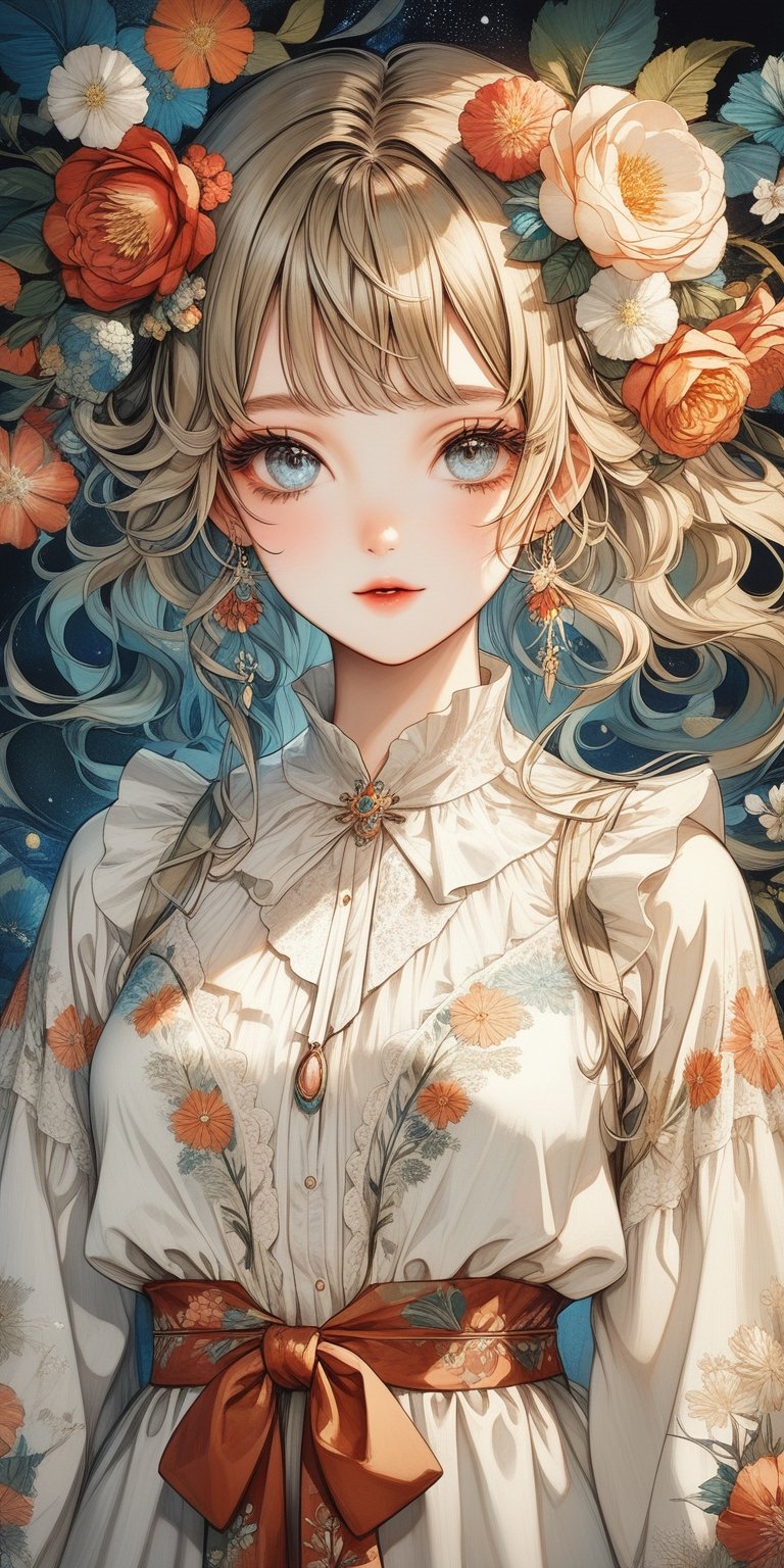 A stunning young woman dressed in Bohemian-style attire, adorned with flowing fabrics, white lace dress, bracelets, exuding a free-spirited charm. (masterpiece, top quality, best quality, official art, beautiful and aesthetic:1.2), (1girl:1.4), blonde hair, many beautiful blooming flowers, covered with plant vines interior, portrait, extreme detailed, (fractal art:1.3), highest detailed, depth of field